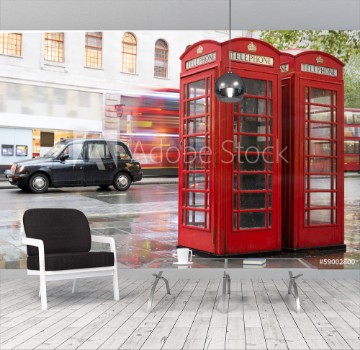 Picture of Red Phone cabines in London and vintage taxiRainy day